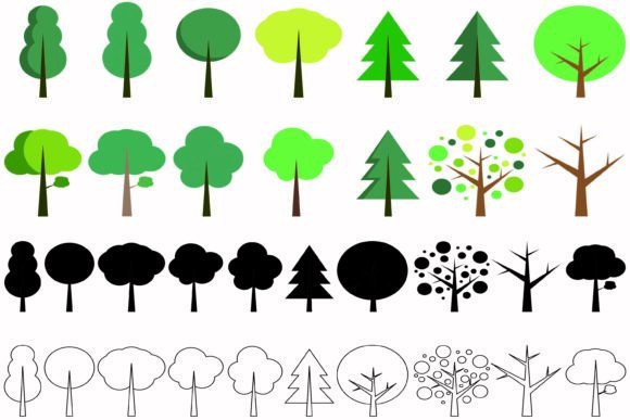 Trees Collection Set Icons Botanical: Graphics & Web Elements